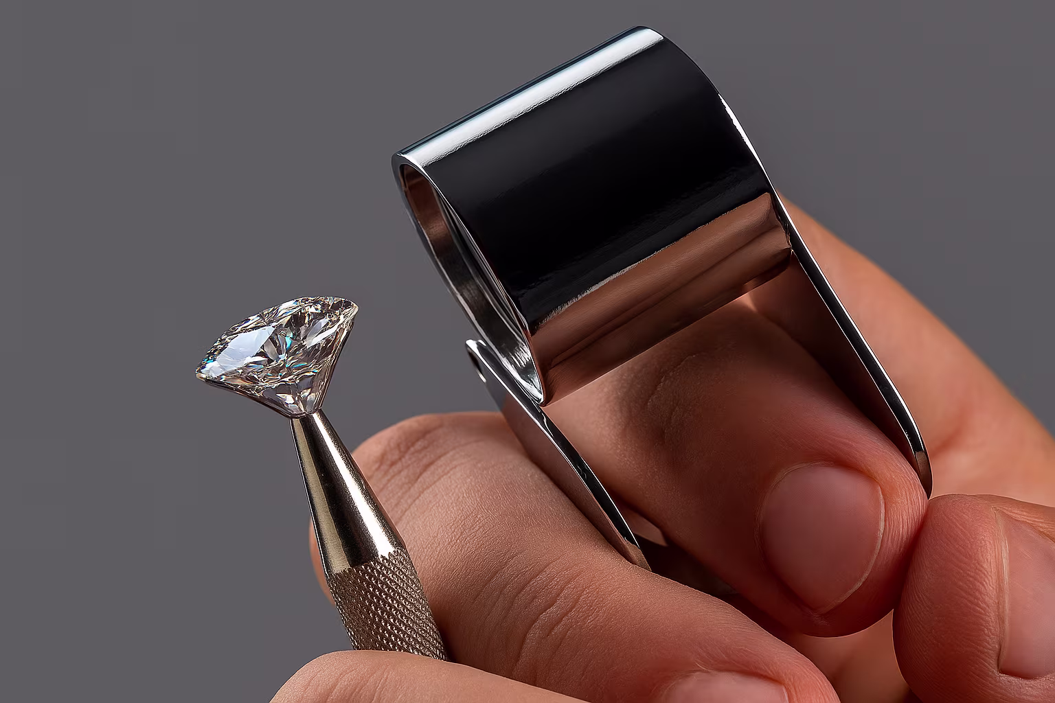 Hand holding diamond loupe inspecting a polished diamond Belgium Diamonds portfolio by Mind Hives.